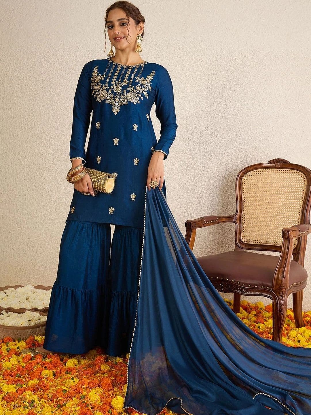 Janasya Blue Floral Embroidered Round Neck Sequinned Kurti With Sharara & Dupatta Kurta Set - view 1