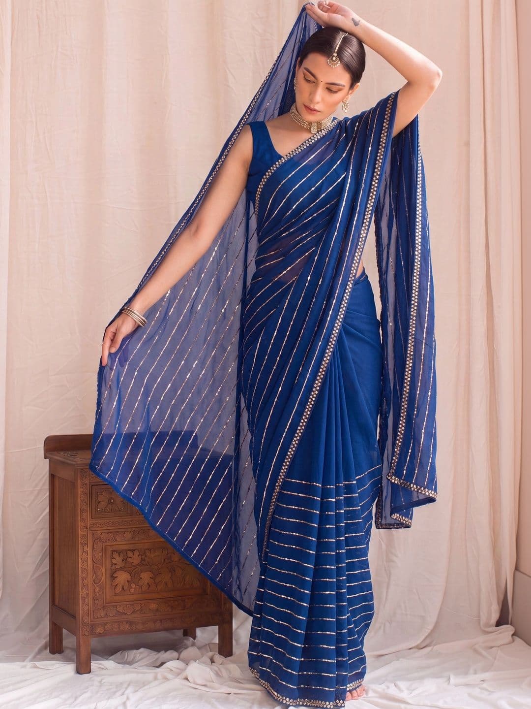House of Pataudi Striped Sequinned Poly Georgette Designer Saree - view 1