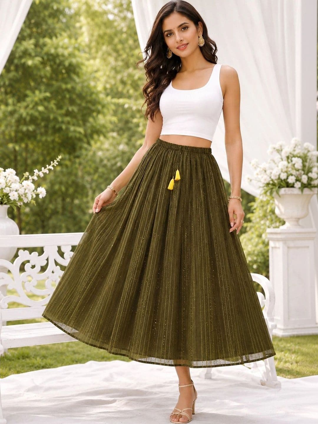 Rabhika Women Georgette Striped Tiered Midi Flared Skirt thumbnail 5