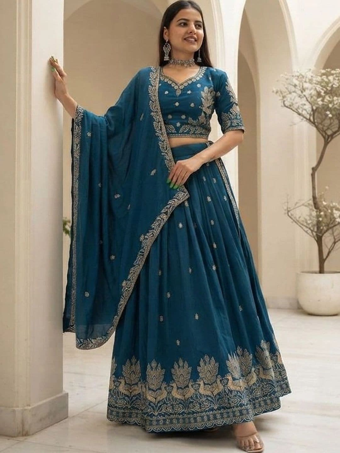 HERE&NOW Embroidered Thread Work Semi-Stitched Lehenga & Blouse With Dupatta thumbnail 4
