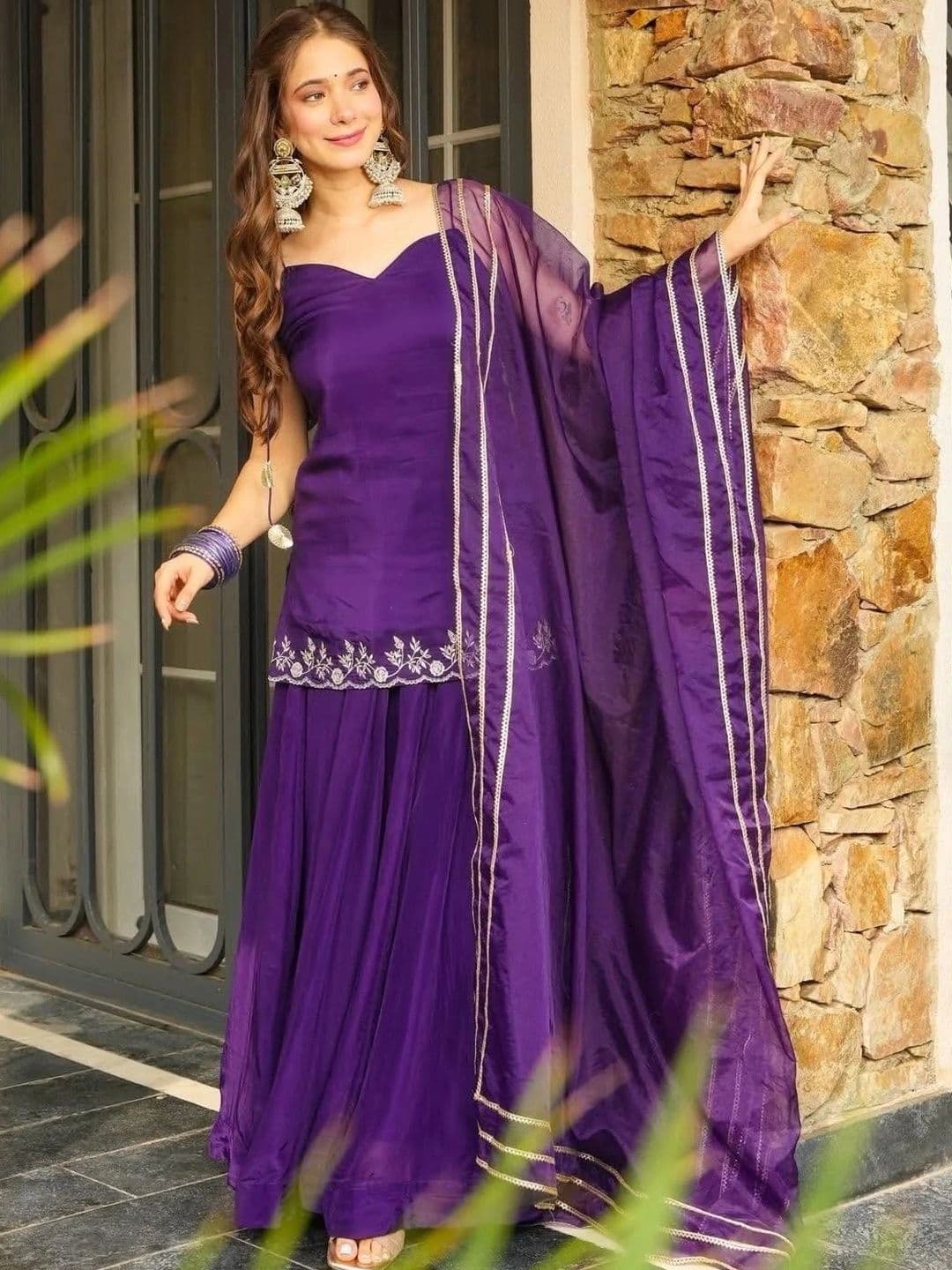 HERE&NOW Women Ethnic Motifs Embroidered Regular Thread Work Kurta with Sharara & With Dupatta - view 1
