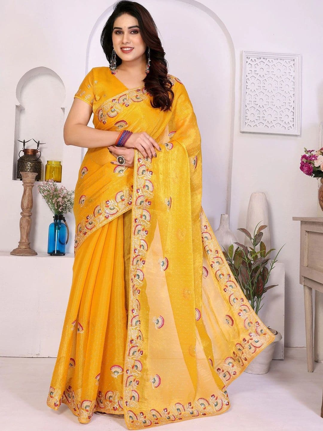 priyashi Floral Embroidered Satin Heavy Work Saree - view 1
