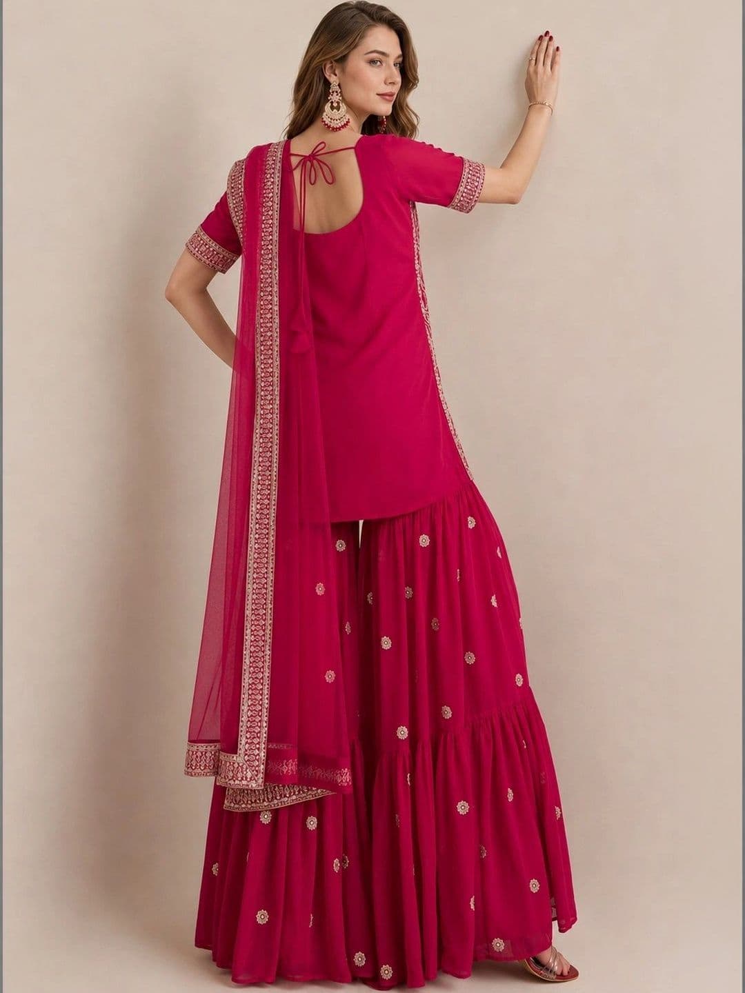 KALINI Women Ethnic Motifs Embroidered Silk Georgette Kurta with Sharara With Dupatta thumbnail 2