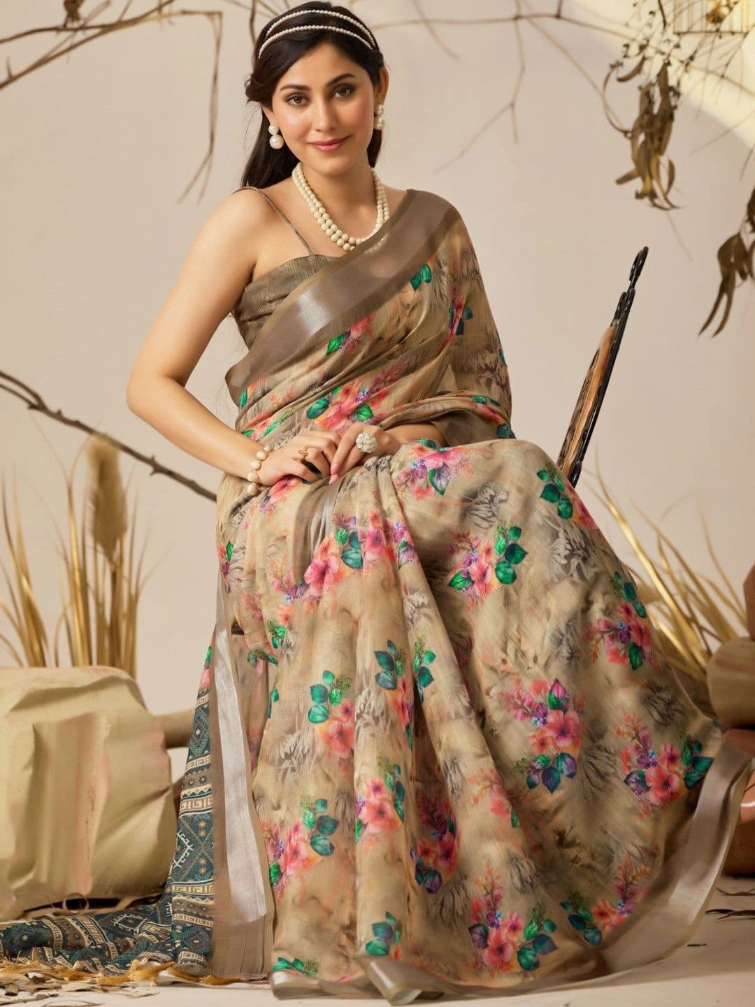 Moda Rapido Floral Zari Linen Blend Designer Saree thumbnail 7