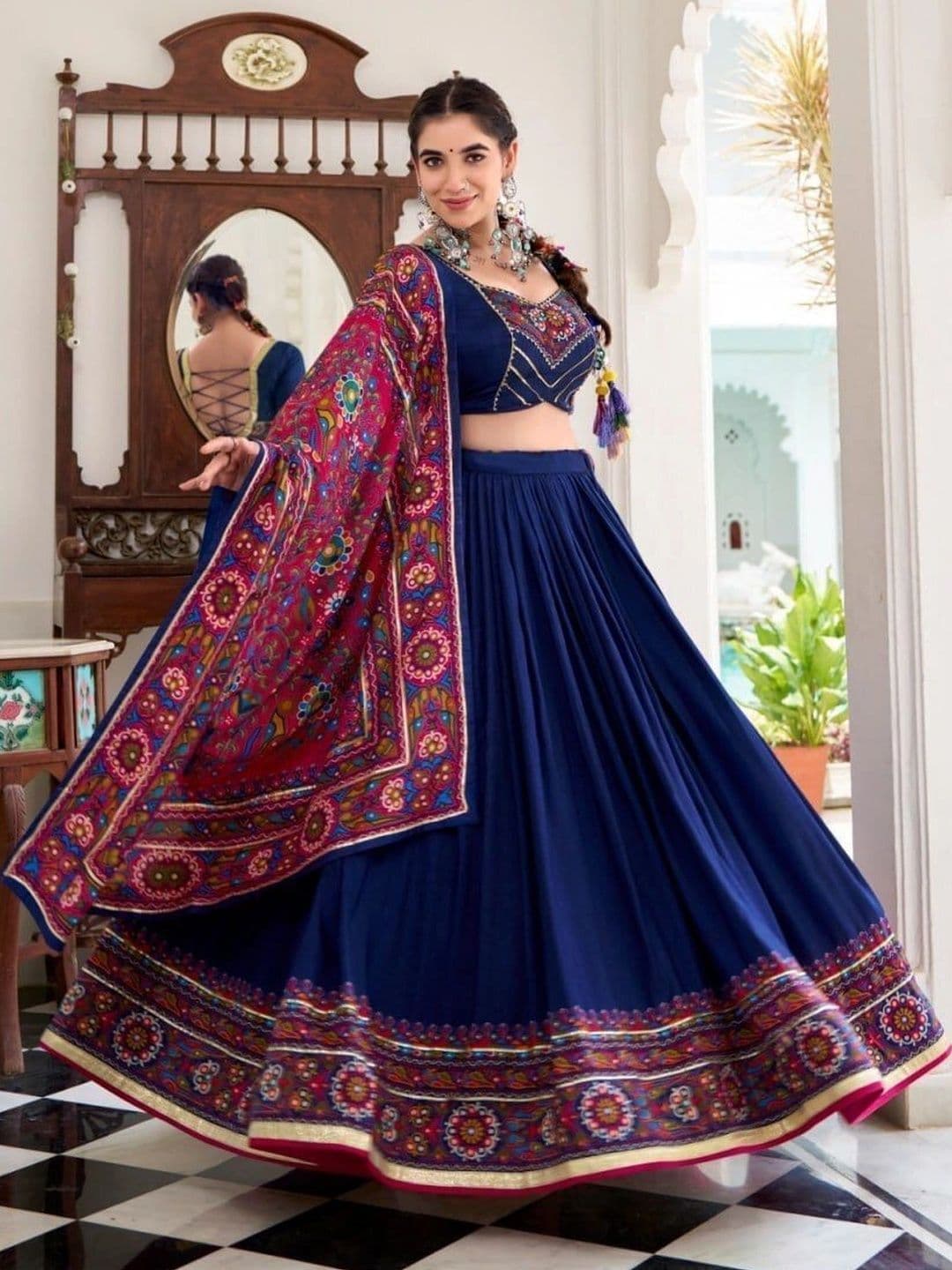 HAMOFY Embroidered Thread Work Tussar Silk Lehenga & Unstitched Blouse With Dupatta thumbnail 2