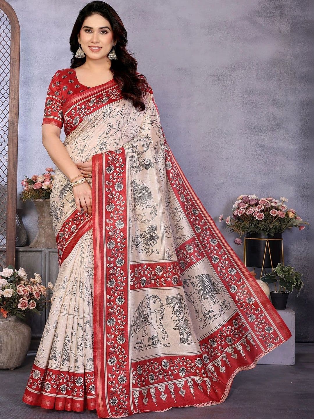 ANIRAV Ethnic Motifs Linen Blend Saree - view 1