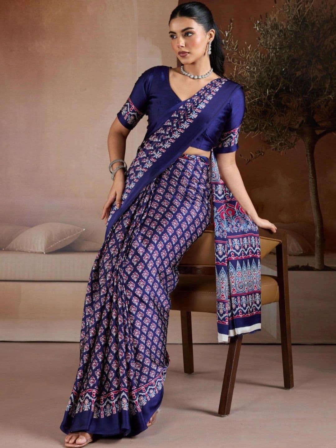Moda Rapido Ajrak Block Satin Designer Saree thumbnail 3