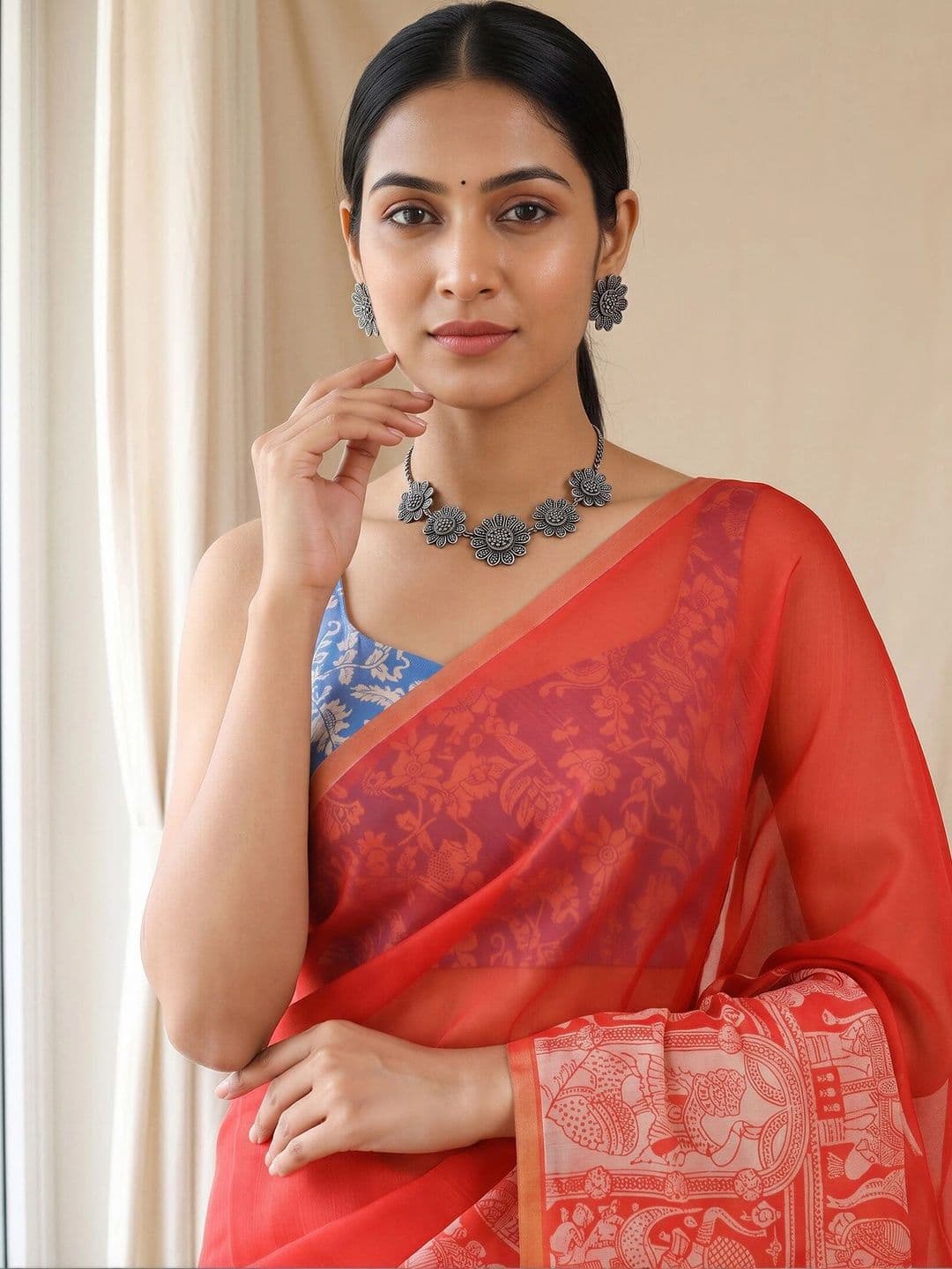 Sangria Kalamkari Designer Block Print Saree thumbnail 3
