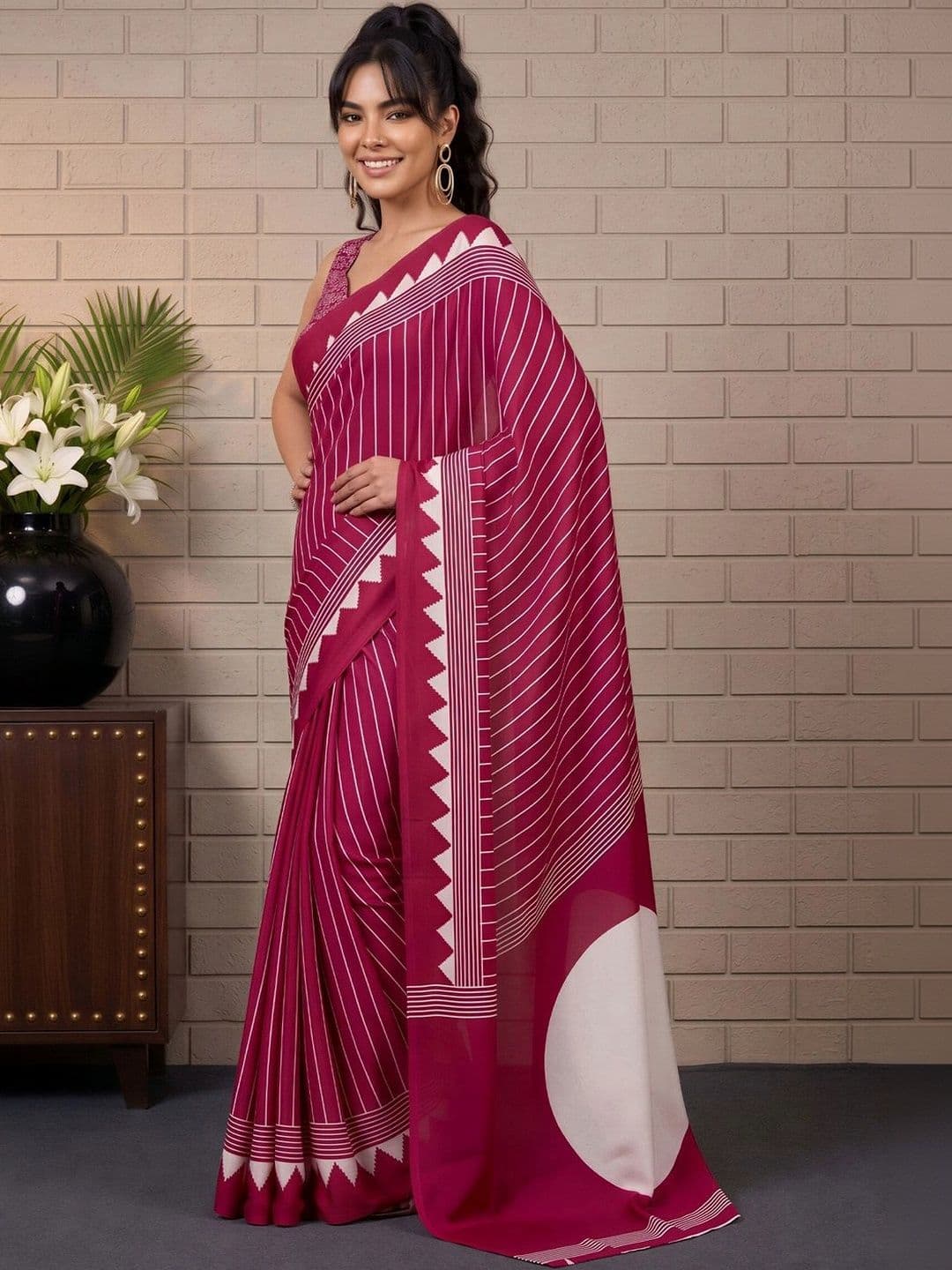 Anouk Striped Satin Designer Leheriya Saree thumbnail 5