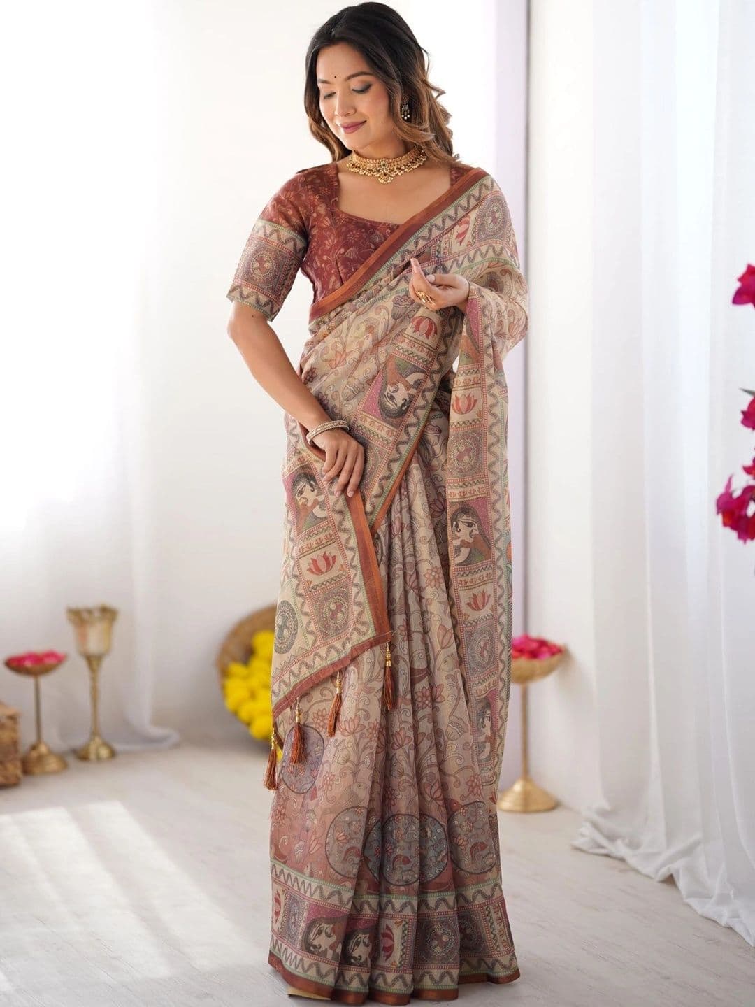 HOUSE OF PRANSHI  Women Kalamkari Linen Blend Jamdani Saree - view 1