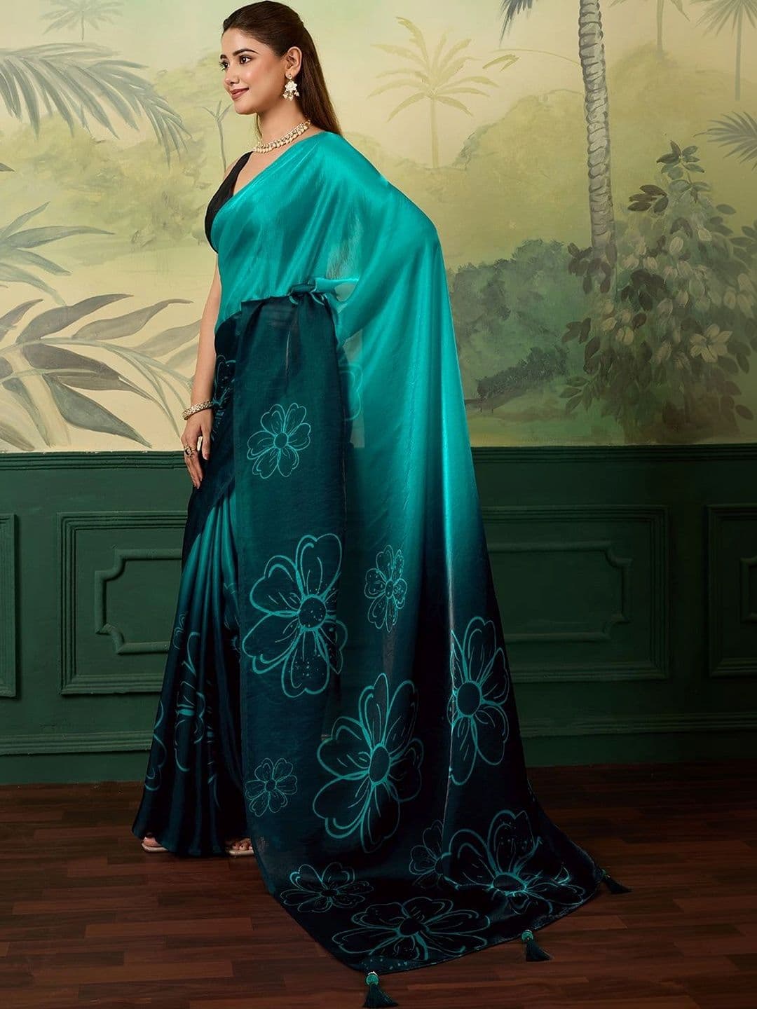 Nayanthara Trends Floral Satin Designer Saree thumbnail 6