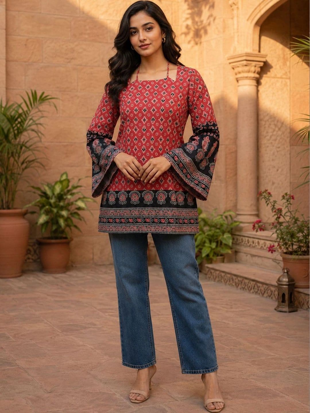 Sun Fashion And Lifestyle Women Ethnic Motifs Printed Bell Sleeves Kurta - view 1