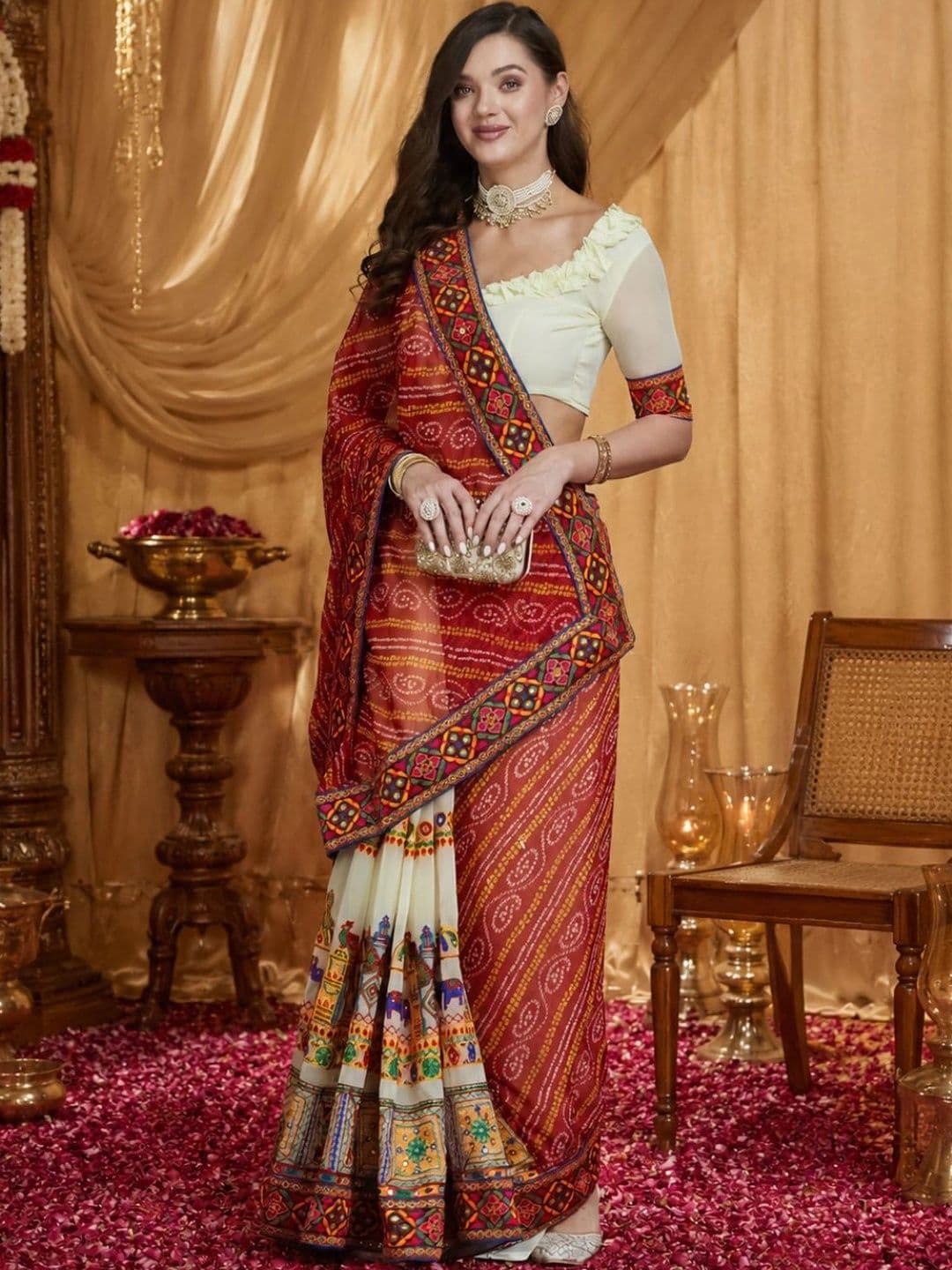 Mitera Bandhani Embroidered Poly Georgette Half and Half Bandhani Saree - view 1