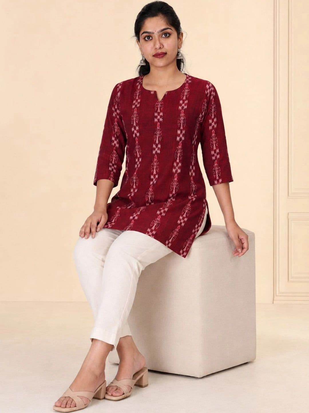 GHL-GUENDICHA HAAT LLP GHL Women Maroon Sambalpuri Ikat Handloom Cotton A-Line Short Kurta for Office Wear thumbnail 4