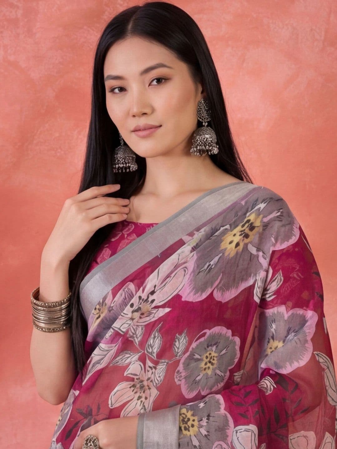 Anouk Rustic Floral Zari Pure Linen Designer Khadi Saree thumbnail 3