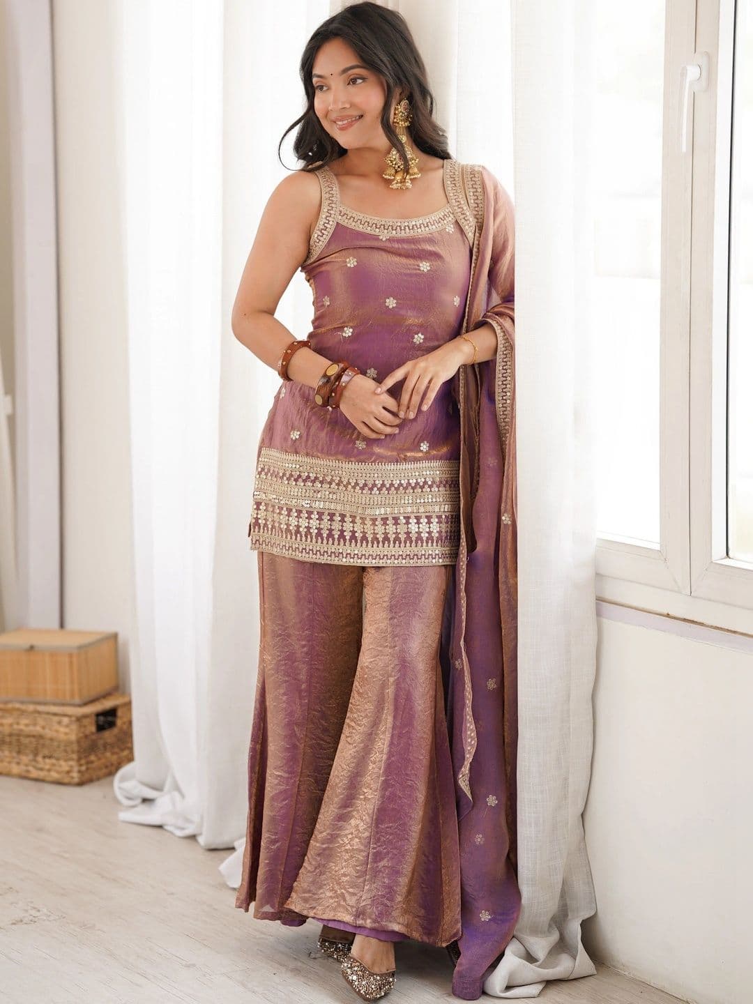Urban Nakhre Women Ethnic Motifs Embroidered Regular Sequinned Pure Silk Kurta with Sharara & With Dupatta - view 1