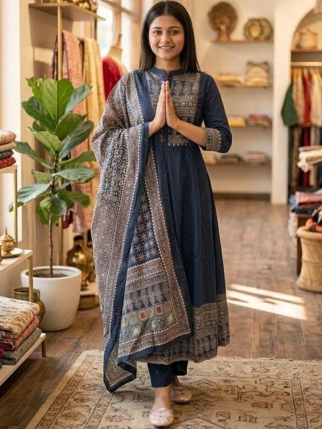 VASTRAPEDIA Women Ethnic Motifs Printed Regular Pure Cotton Kurta with Trousers & With Dupatta thumbnail 2