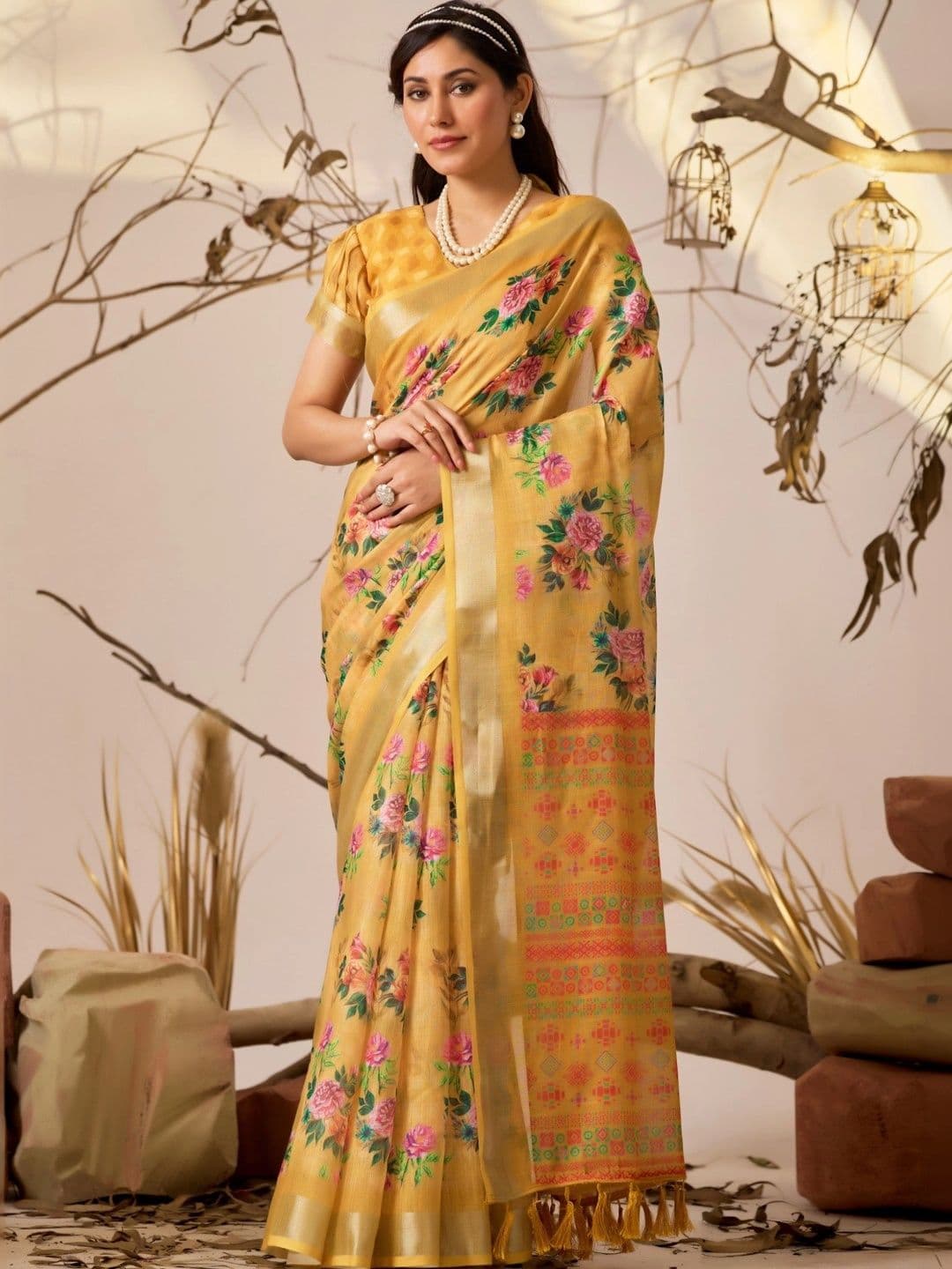 Moda Rapido Floral Zari Linen Blend Designer Saree - view 1