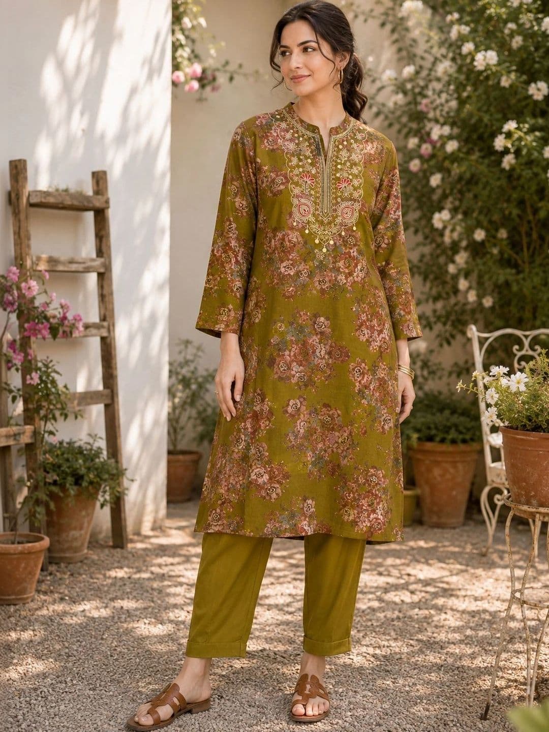 Nayam By Lakshita Women Floral Printed Regular Thread Work Kurta with Trousers - view 1