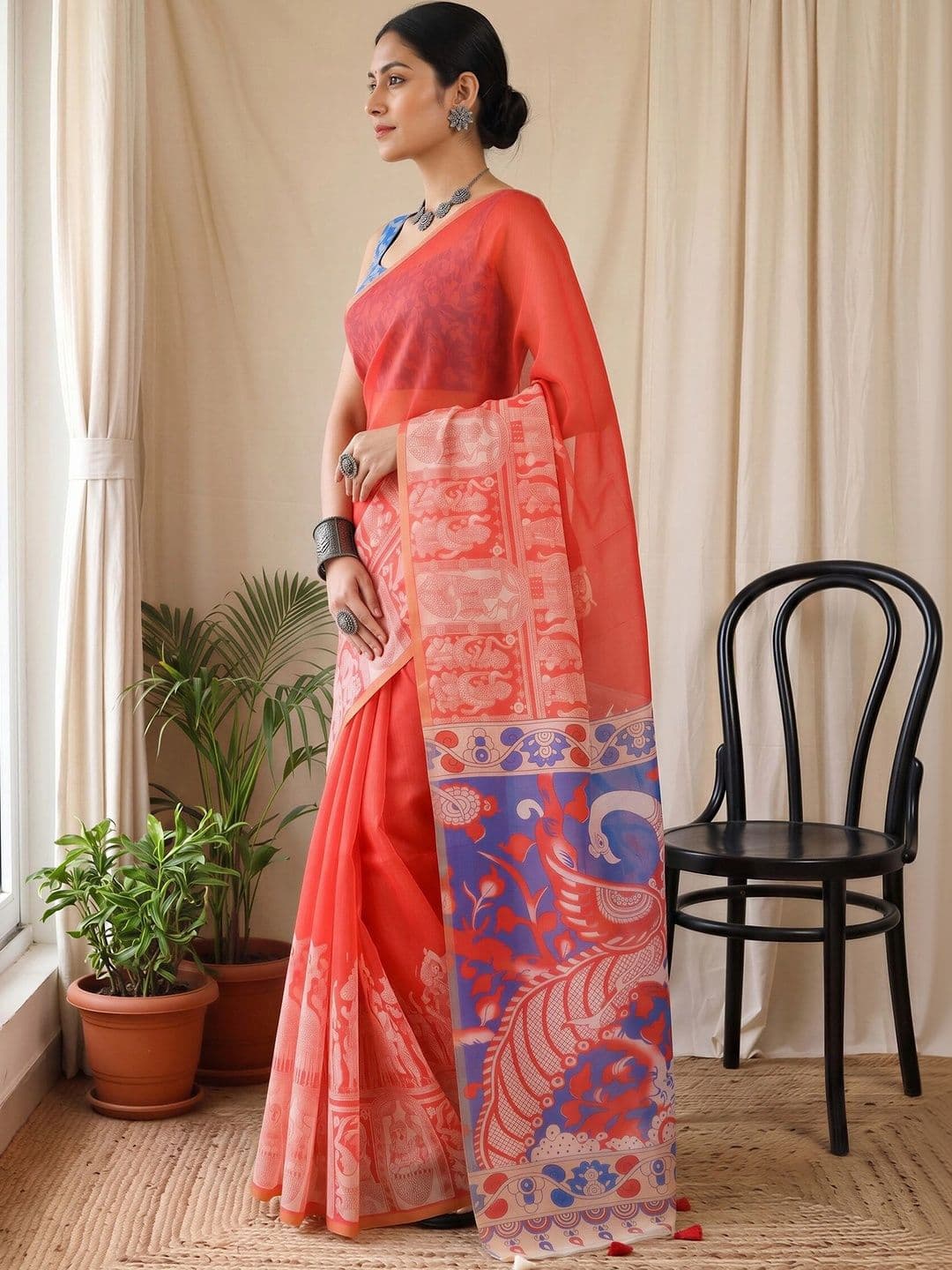Sangria Kalamkari Designer Block Print Saree thumbnail 4