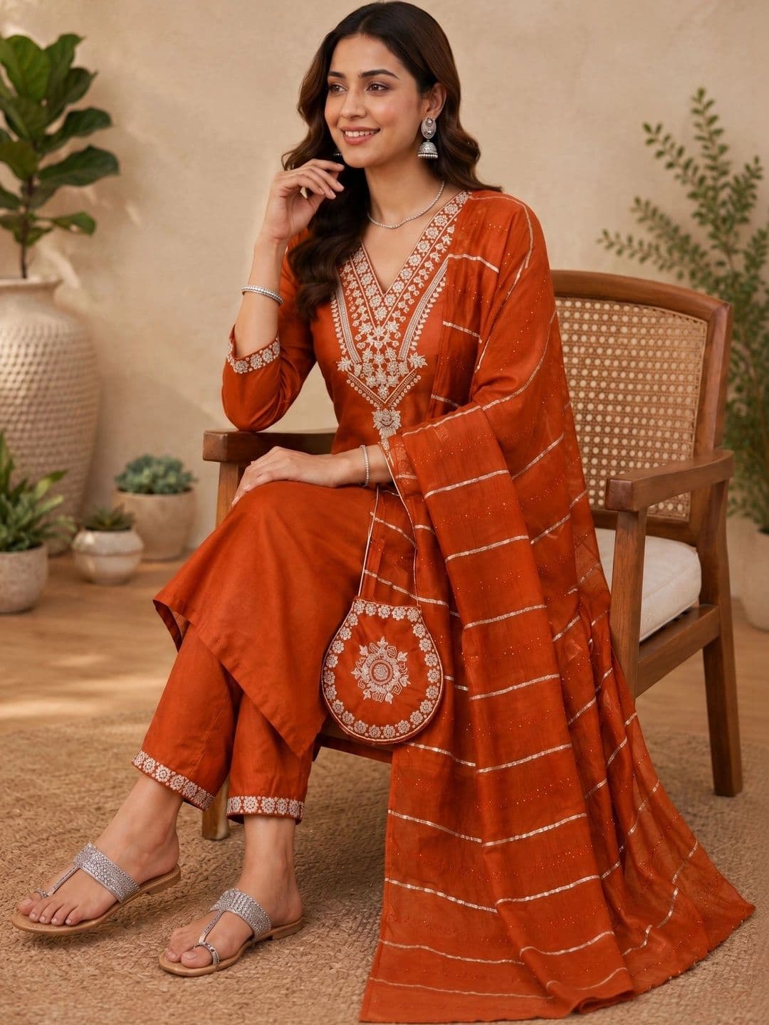 J MOGAL Women Ethnic Motifs Embroidered Kurta with Trousers & With Dupatta thumbnail 2