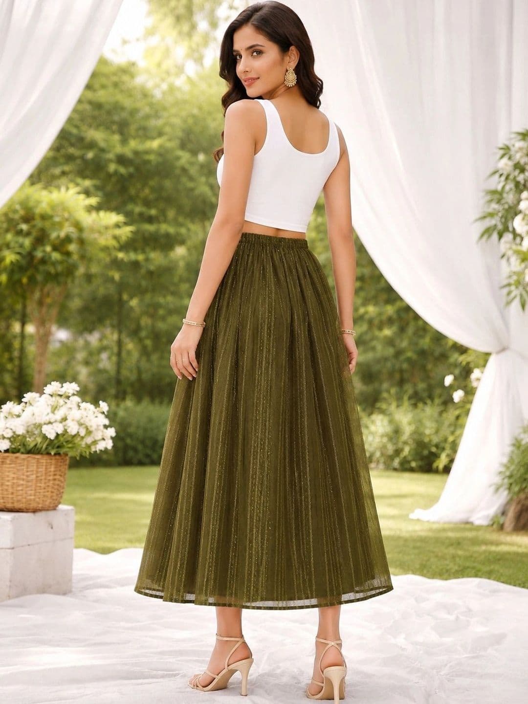 Rabhika Women Georgette Striped Tiered Midi Flared Skirt thumbnail 4