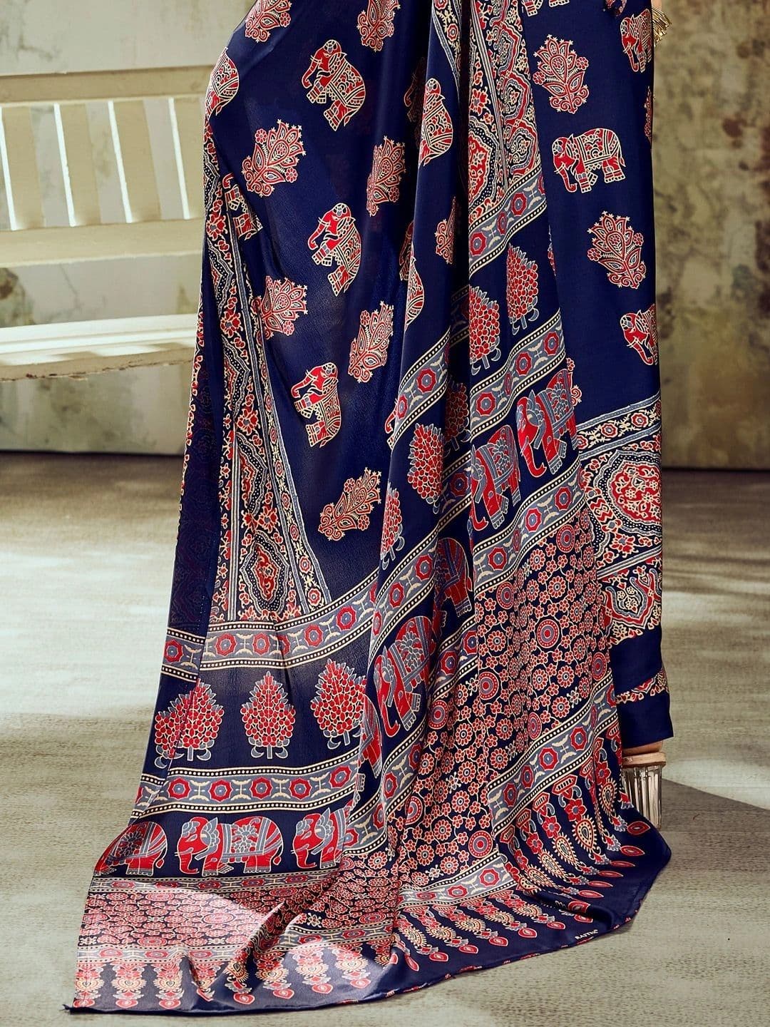 Sangria Ajrak Block Satin Designer Block Print Saree thumbnail 4