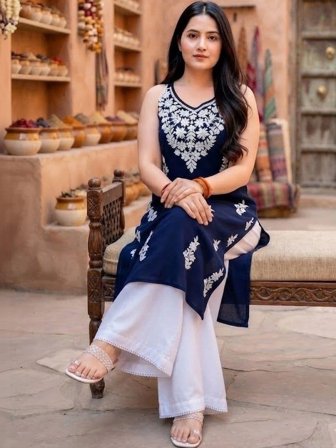RUNAYA NX Women Ethnic Motifs Embroidered Regular Thread Work Kurta with Palazzos thumbnail 4