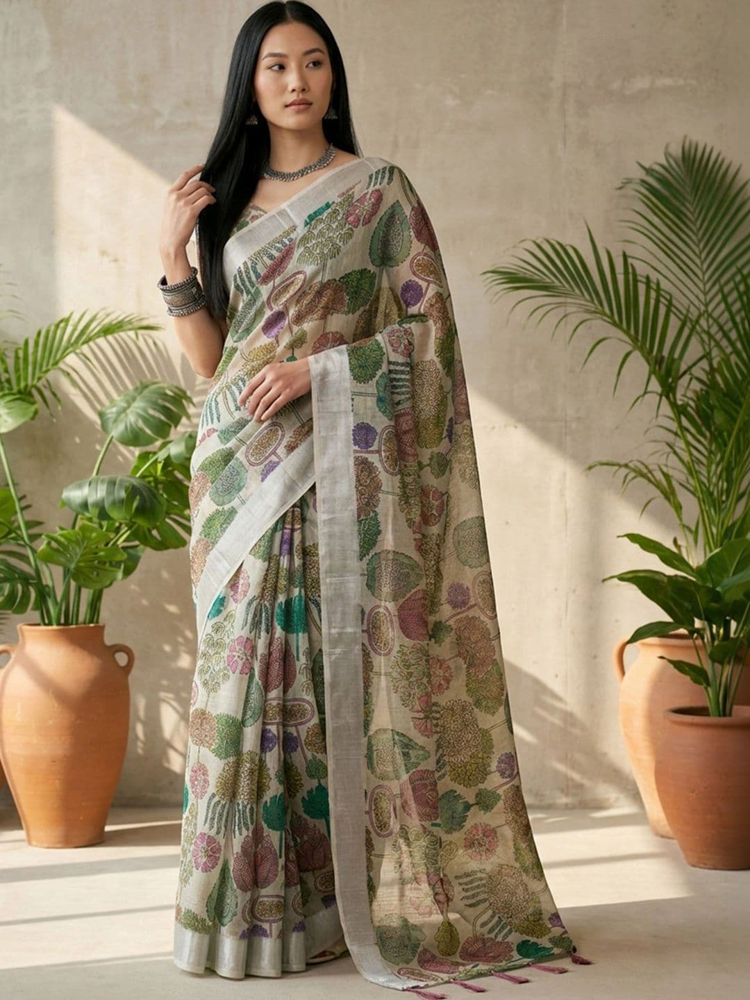 Anouk Rustic Floral Zari Pure Linen Designer Khadi Saree - view 1