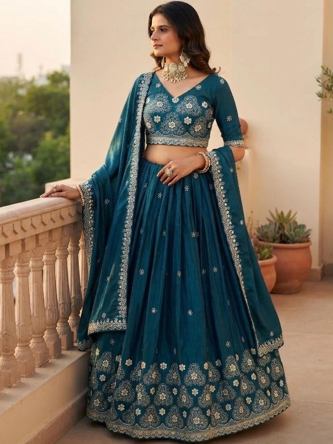 HERE&NOW Embroidered Thread Work Semi-Stitched Lehenga & Blouse With Dupatta - view 1