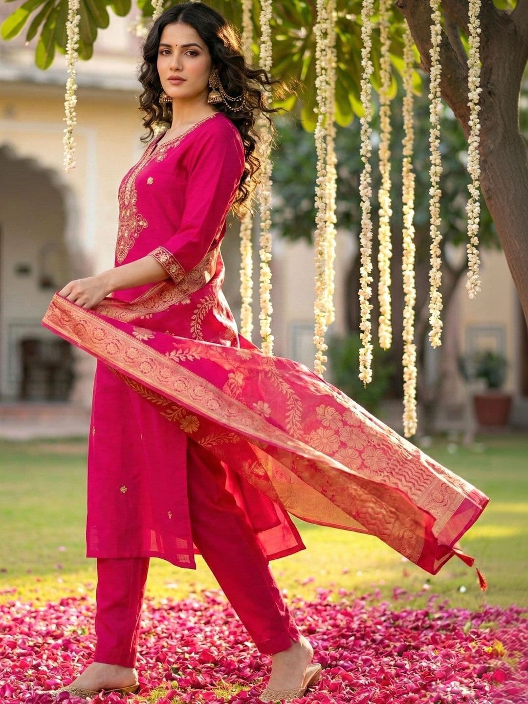 SHRI VANYA CREATION Women Ethnic Motifs Embroidered Regular Chanderi Silk Kurta with Trousers & With Dupatta thumbnail 3