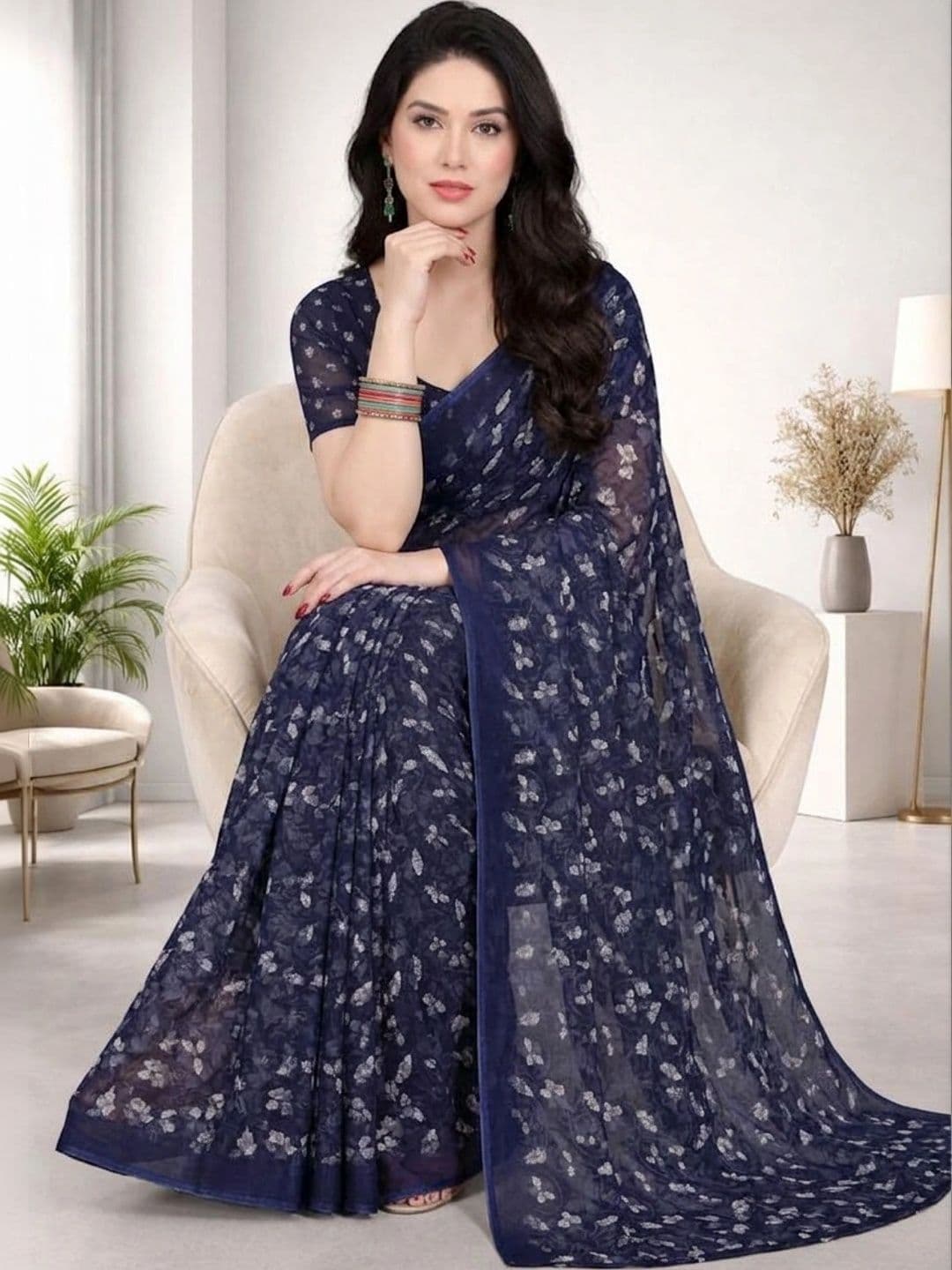 SZN Floral Poly Georgette Designer Saree thumbnail 3