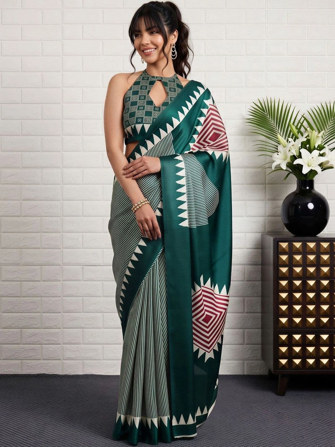 Anouk Striped Satin Designer Banarasi Saree - view 1