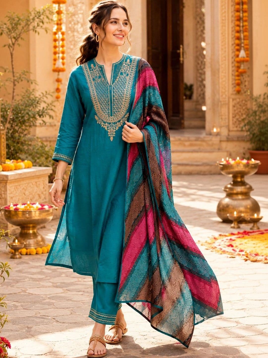 Nayam By Lakshita Women Ethnic Motifs Embroidered Regular Thread Work Kurta with Trousers & With Dupatta - view 1