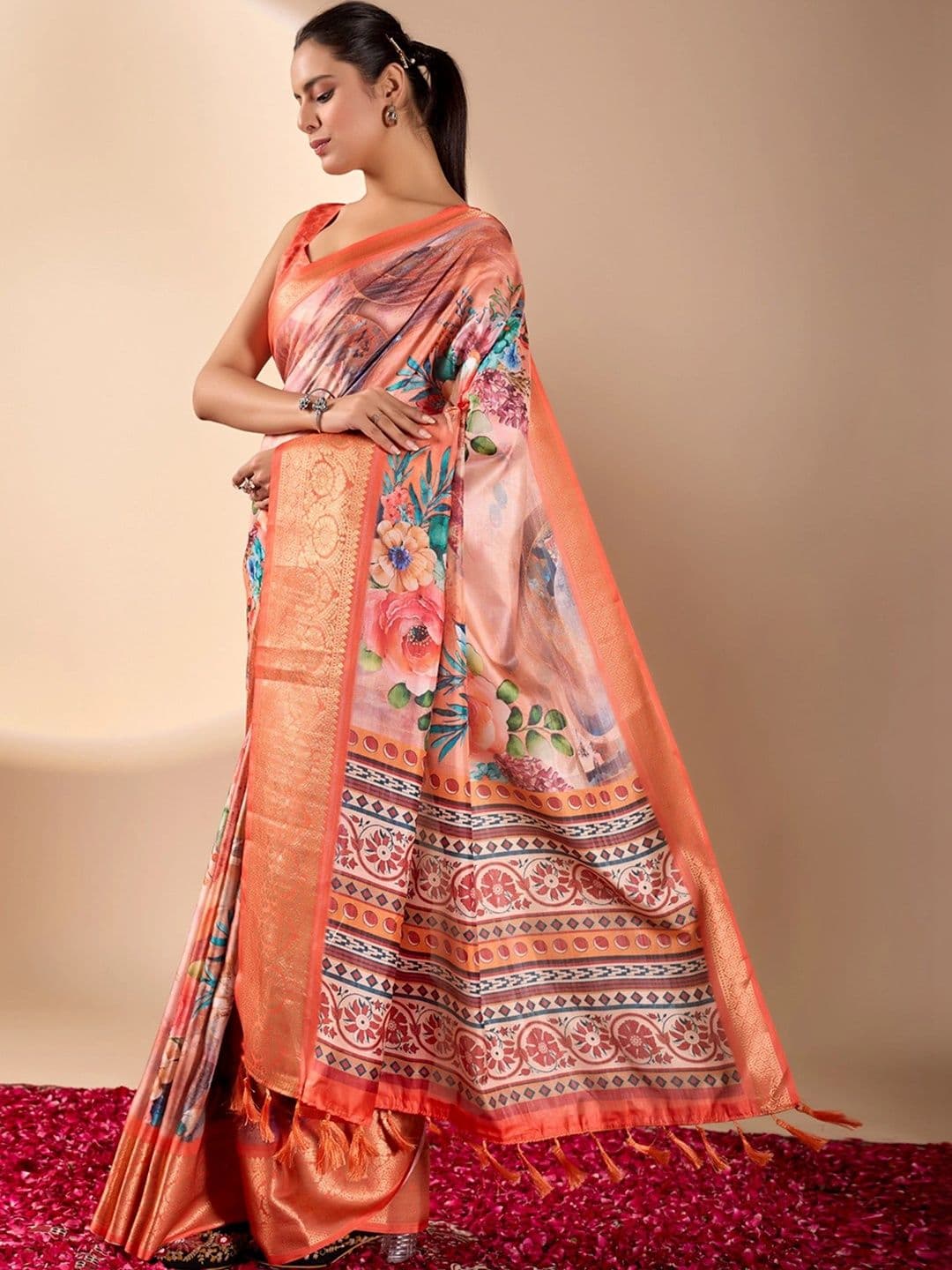 Moda Rapido Floral Zari Silk Blend Designer Saree thumbnail 2