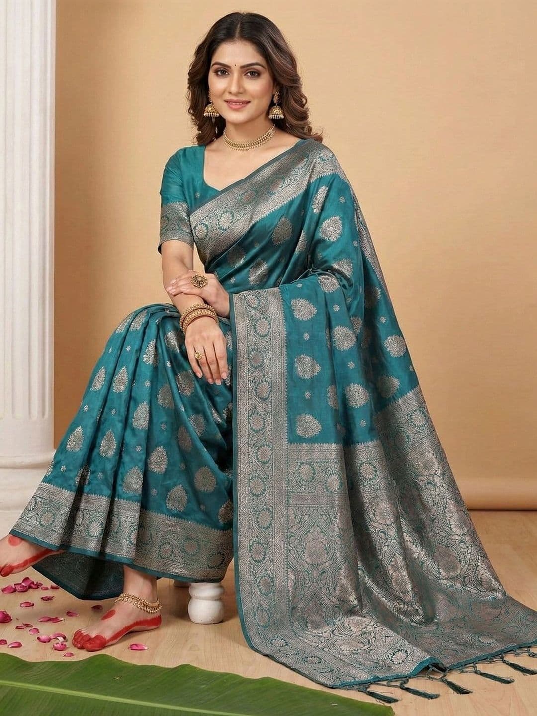 Mitera Woven Design Zari Silk Blend Banarasi Saree thumbnail 2