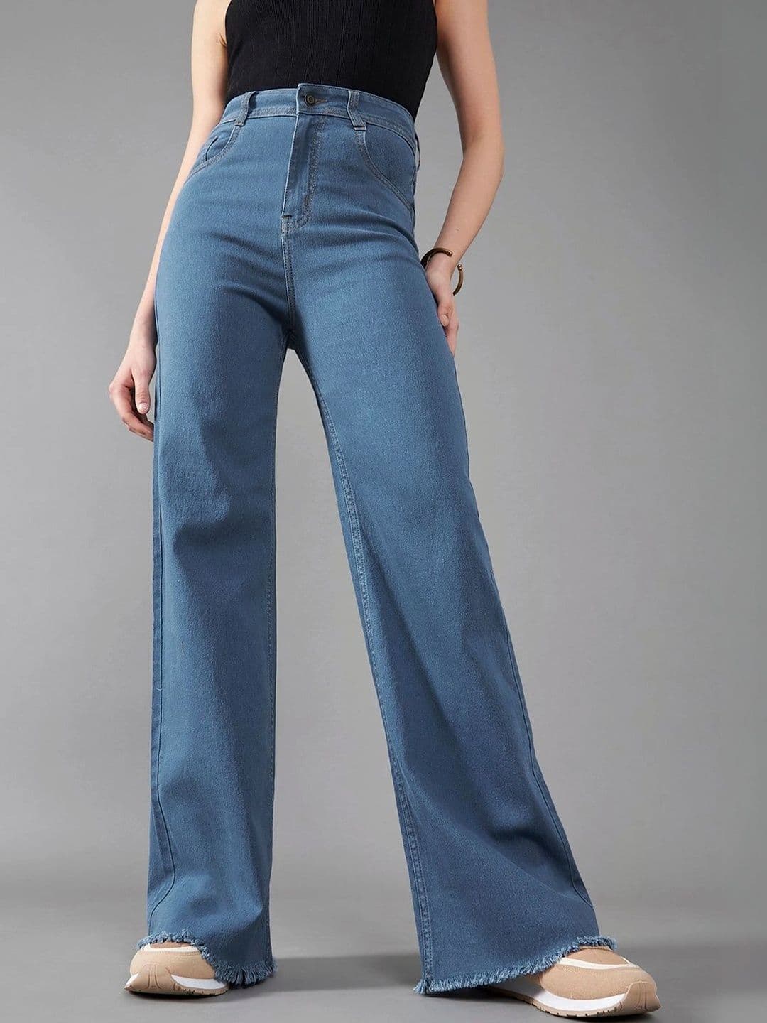 DOLCE CRUDO Women Wide Leg High-Rise Light Fade Cuffed Hem Stretchable Jeans - view 1
