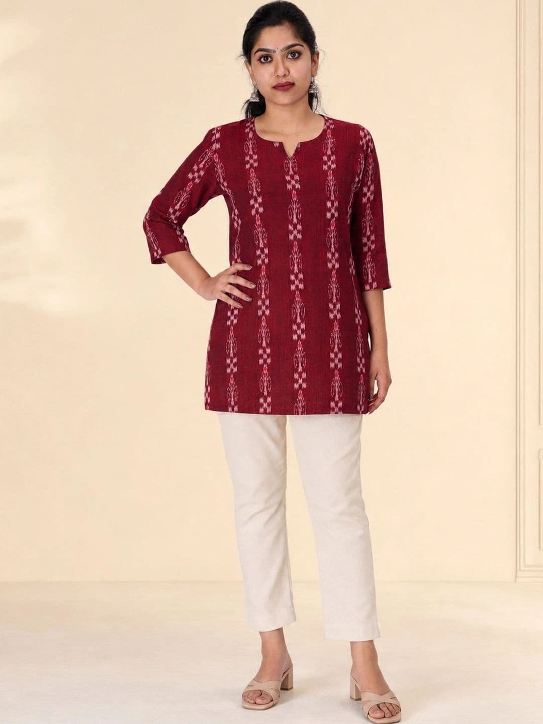 GHL-GUENDICHA HAAT LLP GHL Women Maroon Sambalpuri Ikat Handloom Cotton A-Line Short Kurta for Office Wear - view 1