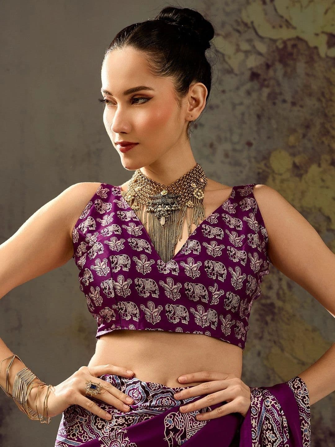 Sangria Ajrak Block Satin Designer Block Print Saree thumbnail 5