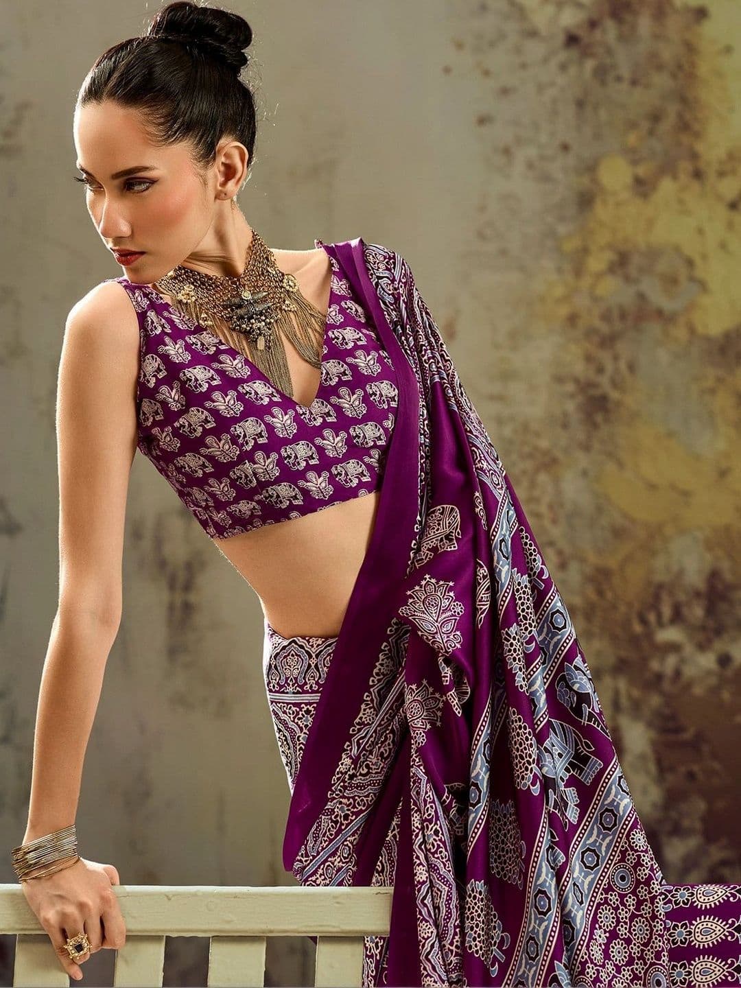 Sangria Ajrak Block Satin Designer Block Print Saree thumbnail 4