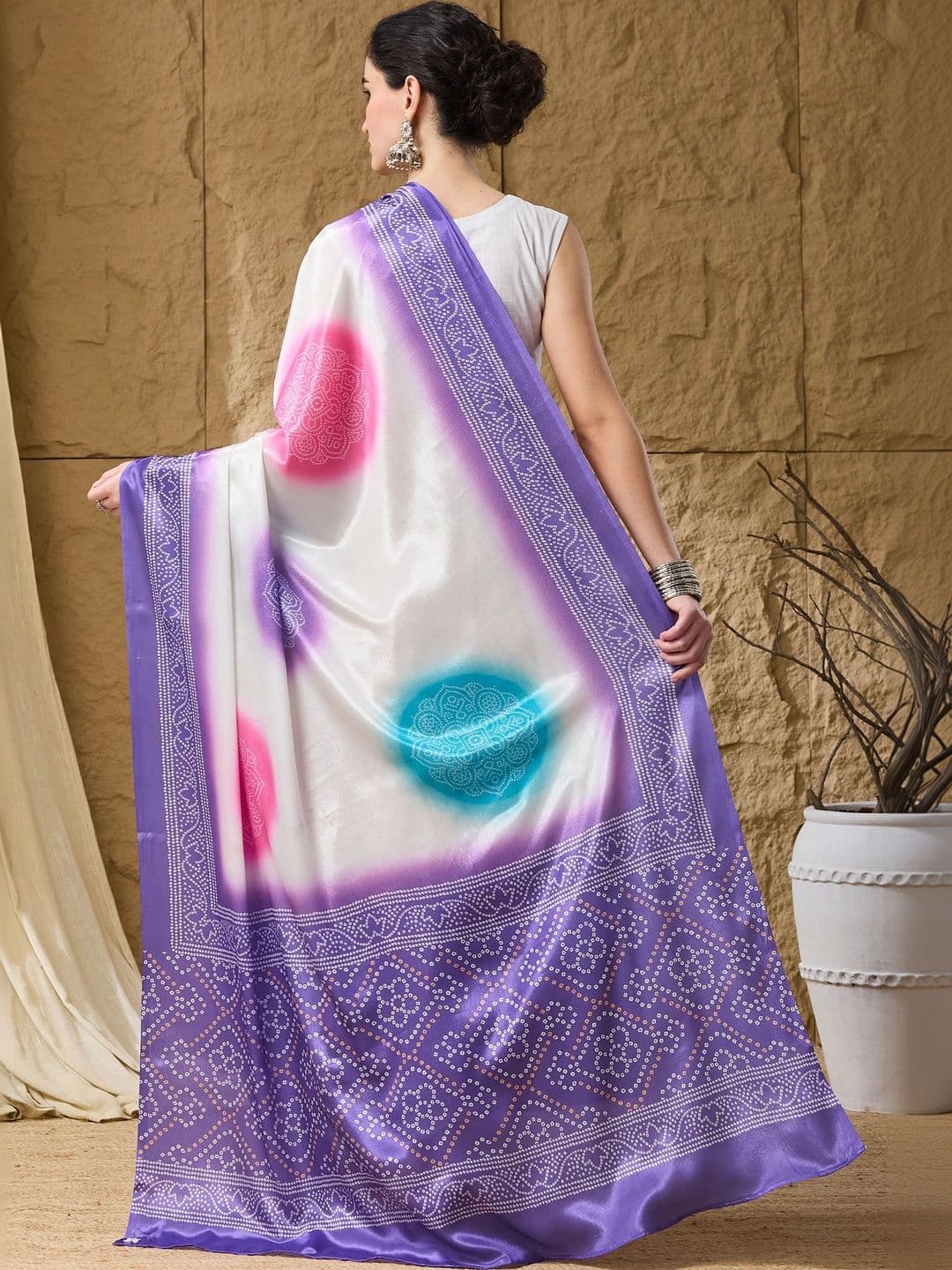 RACHNA Bandhani Satin Designer Ikat Saree thumbnail 6
