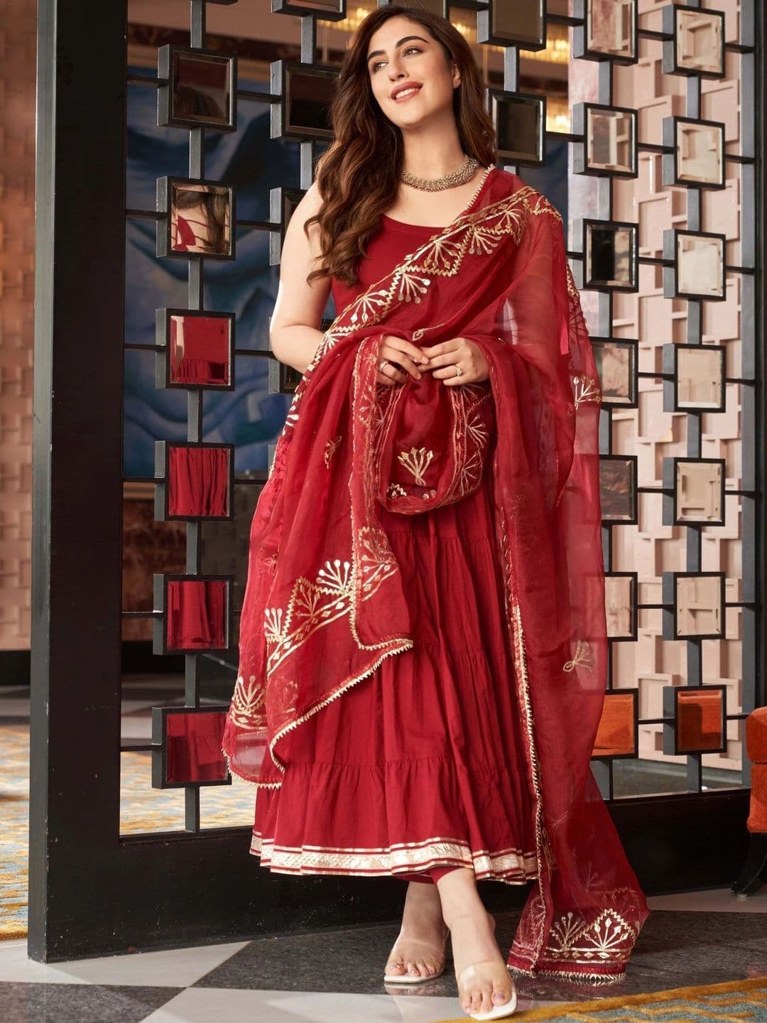 Vastranikhar Women Ethnic Motifs Tiered Thread Work Pure Cotton Kurta with Trousers & With Dupatta - view 1