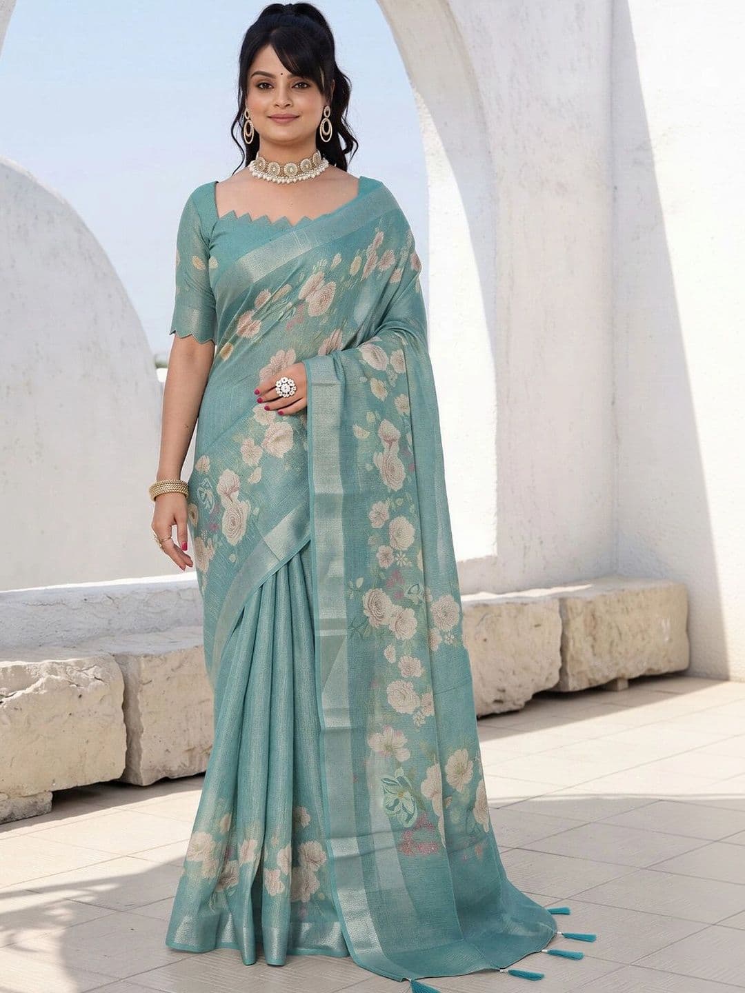 Anouk Floral Silk Cotton Designer Saree thumbnail 2