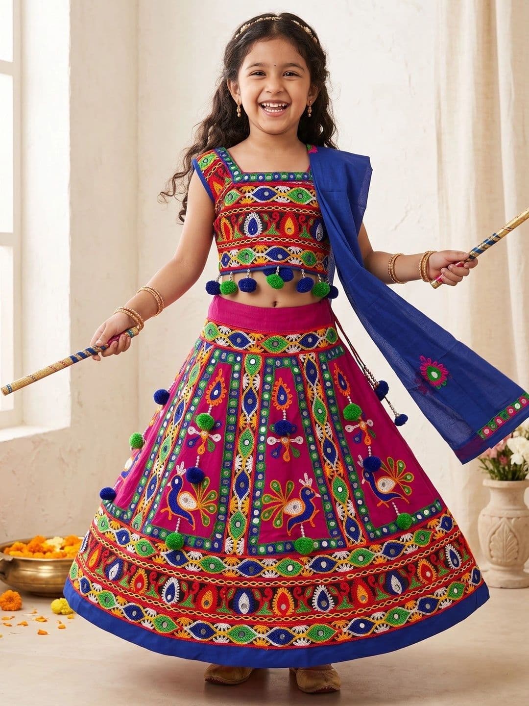 ahhaaaa Girls Embroidered Mirror Work Ready to Wear Lehenga & Blouse With Dupatta thumbnail 2