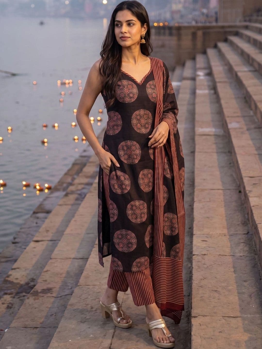 BrownEra Women Ethnic Motifs Printed Regular Pure Cotton Kurta with Trousers & With Dupatta thumbnail 3