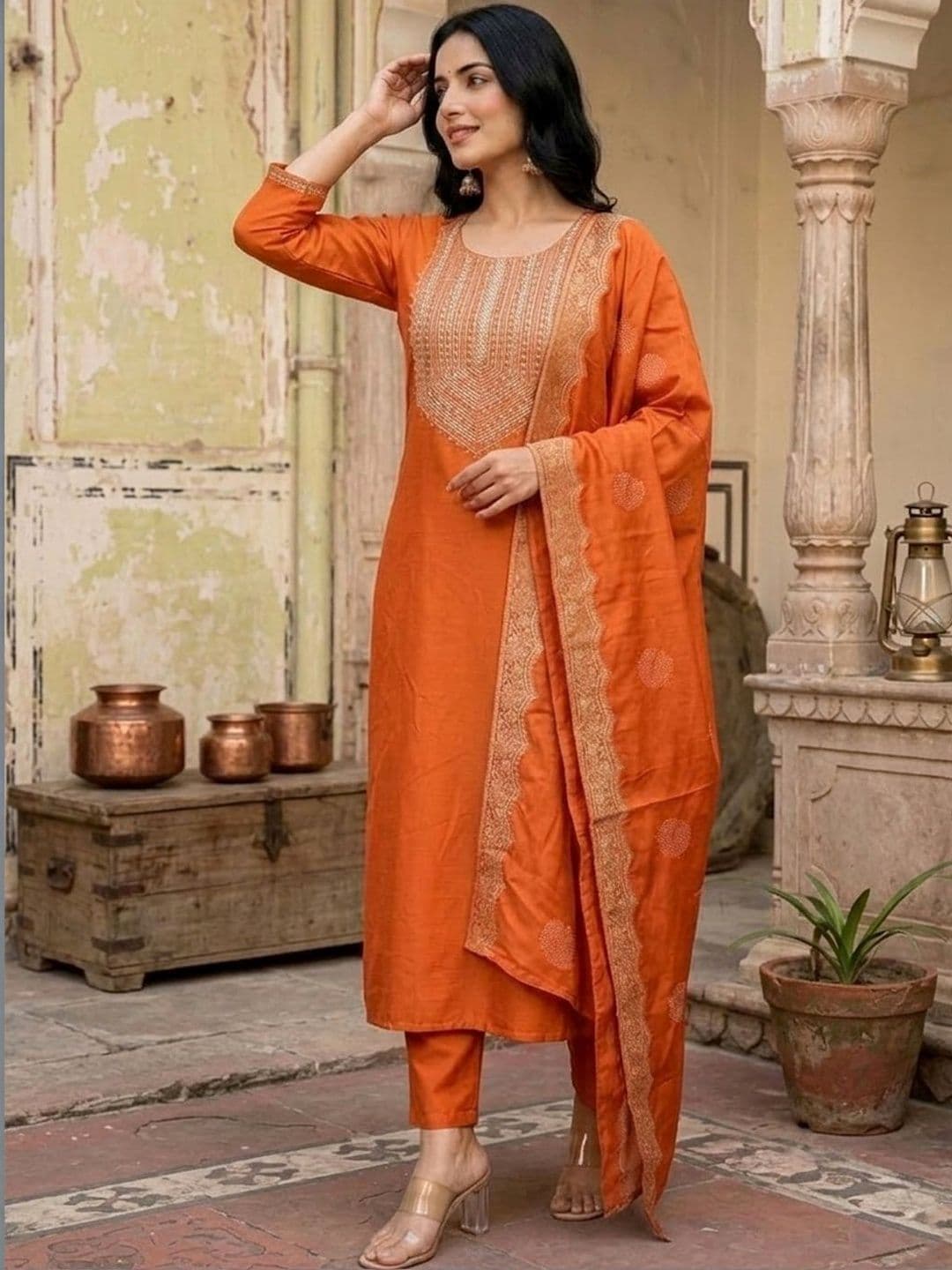 Sangria Embroidered  Round Neck Kurta & Trousers With Dupatta - view 1