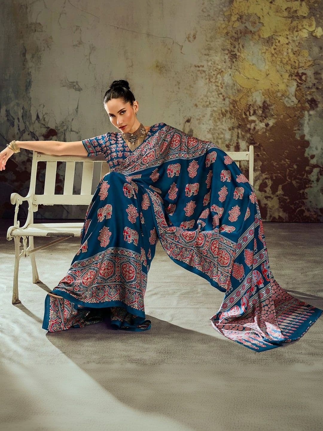 Sangria Ajrak Block Satin Designer Block Print Saree thumbnail 5