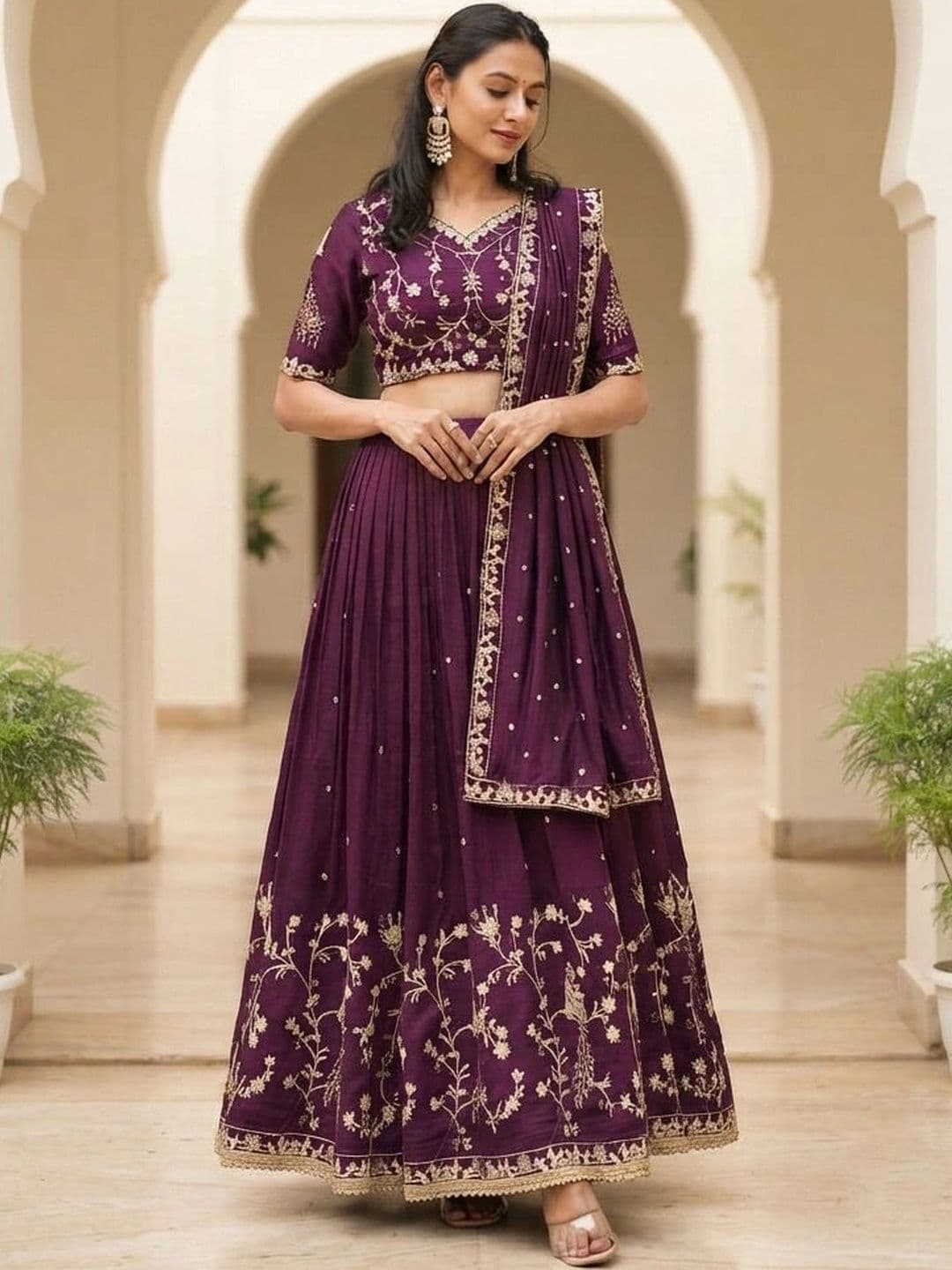 HERE&NOW Embroidered Thread Work Semi-Stitched Lehenga & Blouse With Dupatta thumbnail 3
