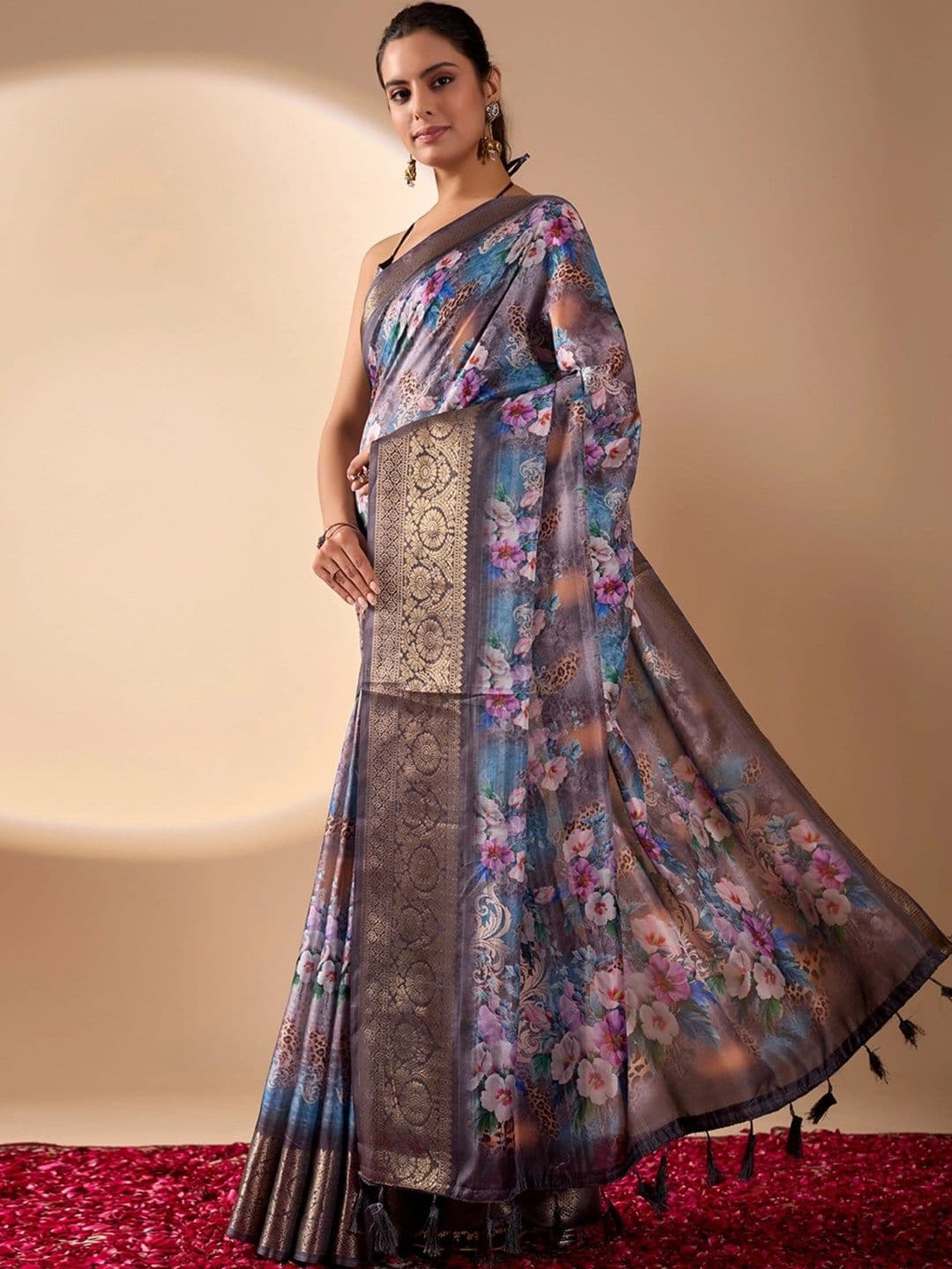 Moda Rapido Floral Zari Silk Blend Designer Saree thumbnail 3