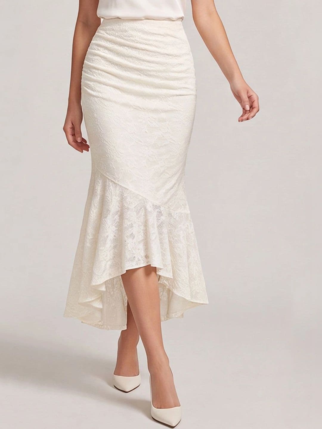 Suo Women Textured Lace Frills Bows and Ruffles Midi Trumpet Skirt thumbnail 3